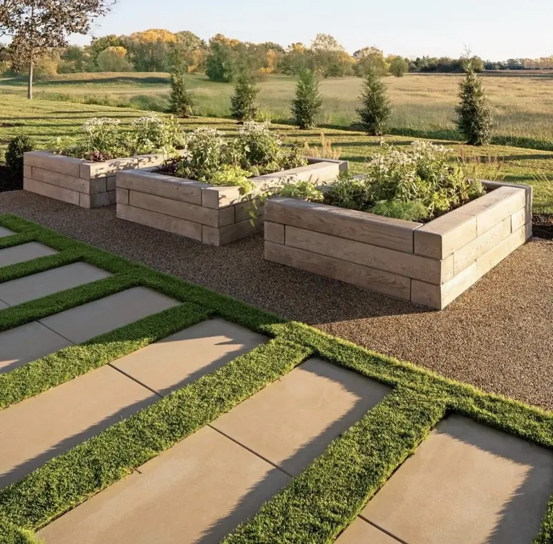 Raised stone planter beds on a gravel patio with square slabs set in turf